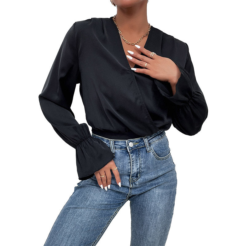 Fashion Women's Spring New Black Long-Sleeved Tight One-Piece Blouse