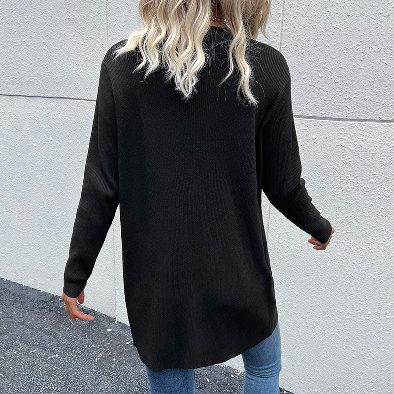 New Autumn And Winter Casual Fashion Coat Long-Sleeved Black Sweater Cardigan