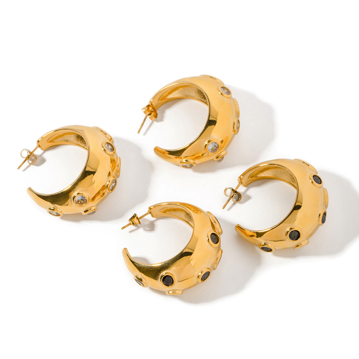 5pcs 18K Gold Black Zircon Moon Earrings Advanced Design Sense Does Not Fade Jewelry