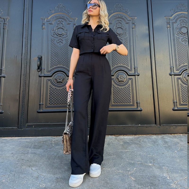 Women's Summer Short Women's Crop Short-Sleeved Blouse And Trousers Two-Piece Set