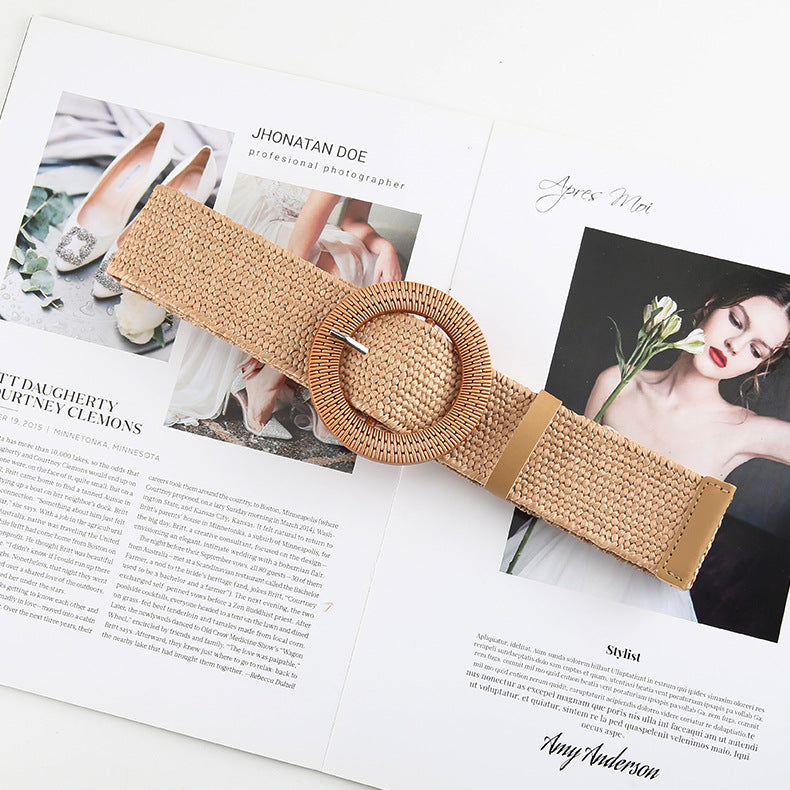 Cotton Hemp Wind Pp Grass Woven Belt For Women Round Square Buckle Dress Gown Decoration Belt