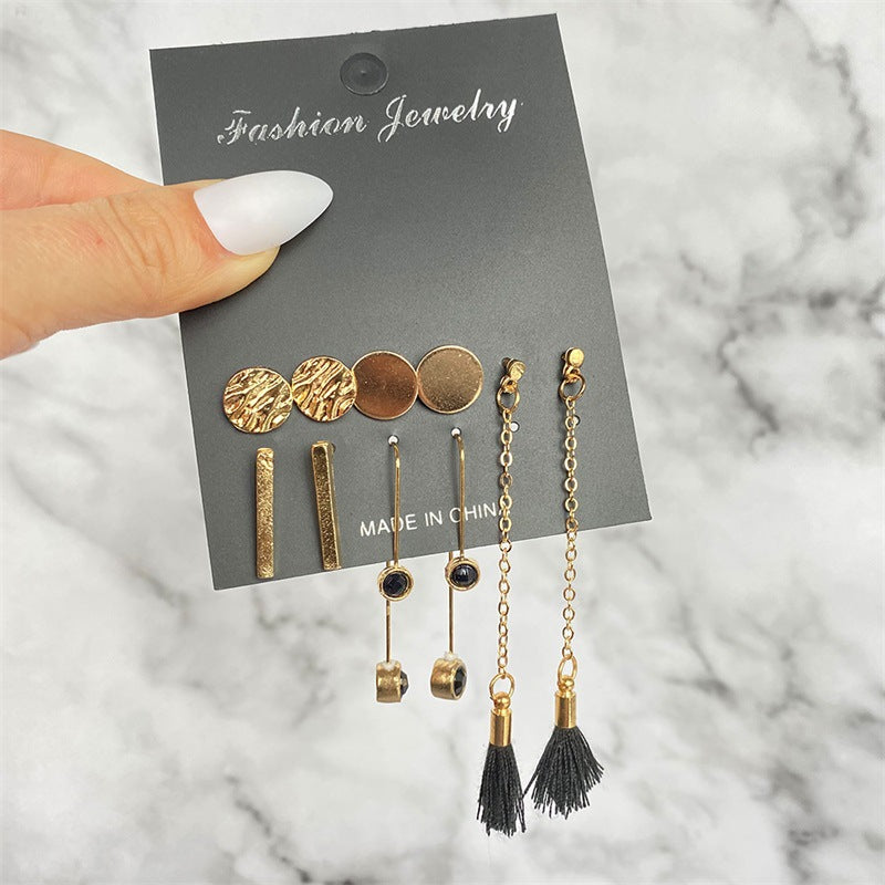 5 Sets New Retro Style Geometric Earrings 6 pairs Set Female Niche High-Grade Metal Stud Jewelry Set