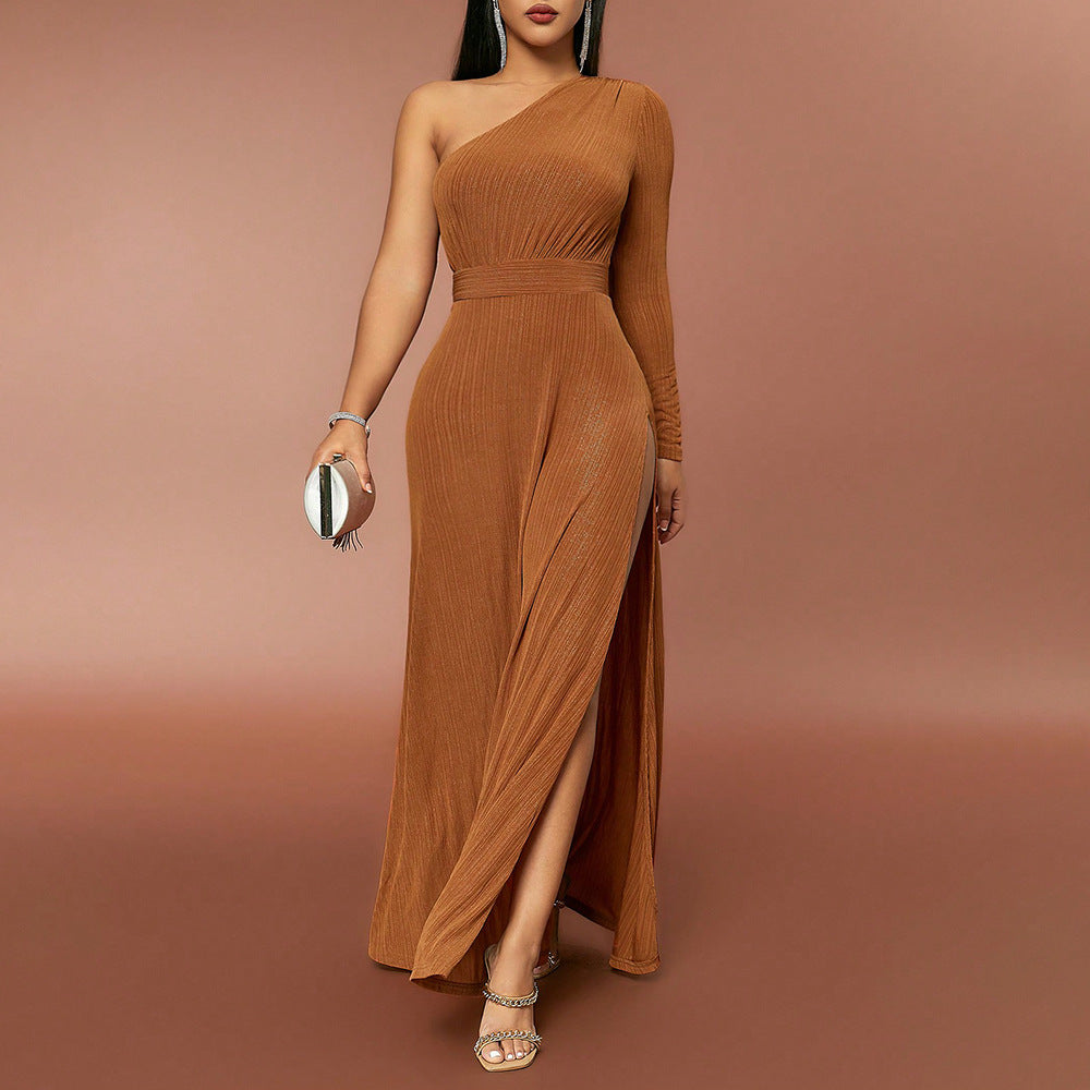 Spring And Autumn New Style Sexy Temperament Women's Dress Slim Shoulder Long Sleeve Slit Casual Dress
