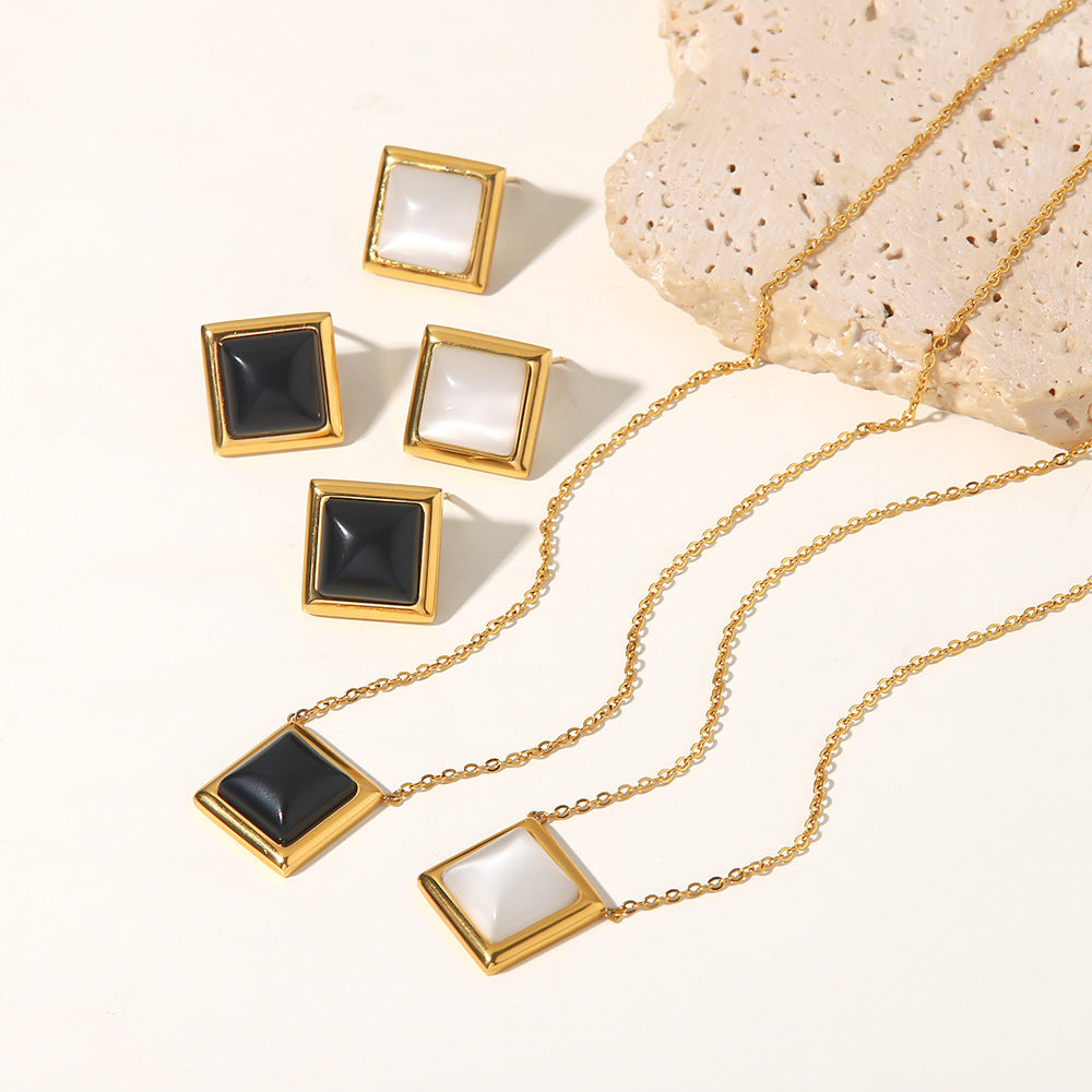 5pcs Cat's Eye Stainless Steel Square Earrings Necklace Female Style Fashion Niche Design High-Grade All-Match Titanium Steel Necklace