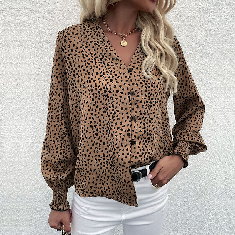 Autumn New Women's Fashion V-Neck Leopard Long-Sleeve Printed Shirt