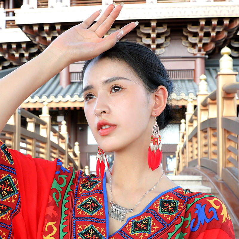 Water Drop Fringe Feather Earrings Women's Long Boho Rice Beads Ears Ethnic Wind Travel Holiday Accessories