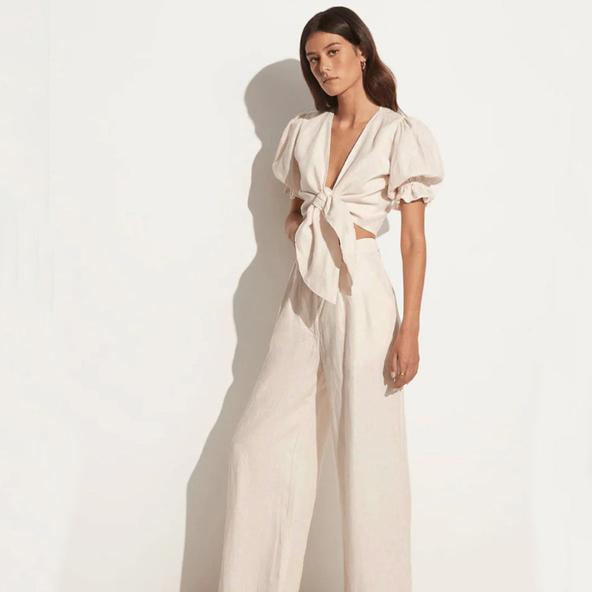 New Cotton And Linen Bubble Sleeve V-Neck Slim Short Sleeve Top And Pants Summer Fashion Women's Two-Piece Set