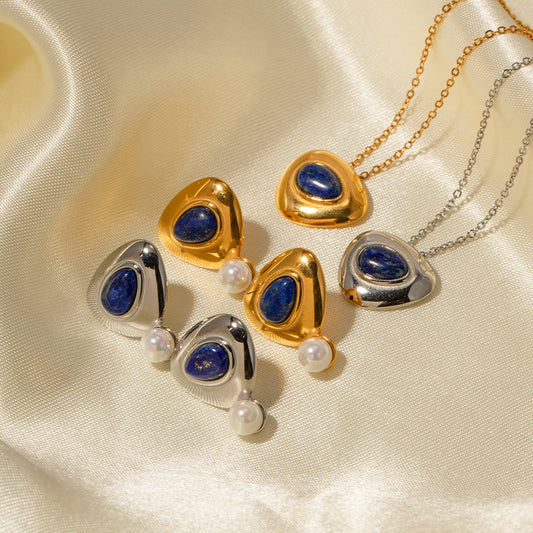 5pcs Summer New Style Retro Inlaid Lapis Lazuli Cold Metal Temperament All-Matching Titanium Steel Necklace