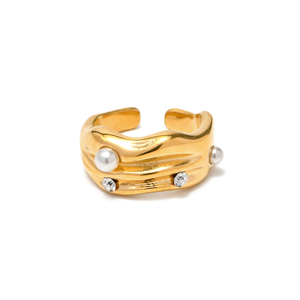 5pcs 18K Gold Plated C-Shaped Inlaid Pearl Open Ring Non-Faded All-Match Stainless Steel Ring