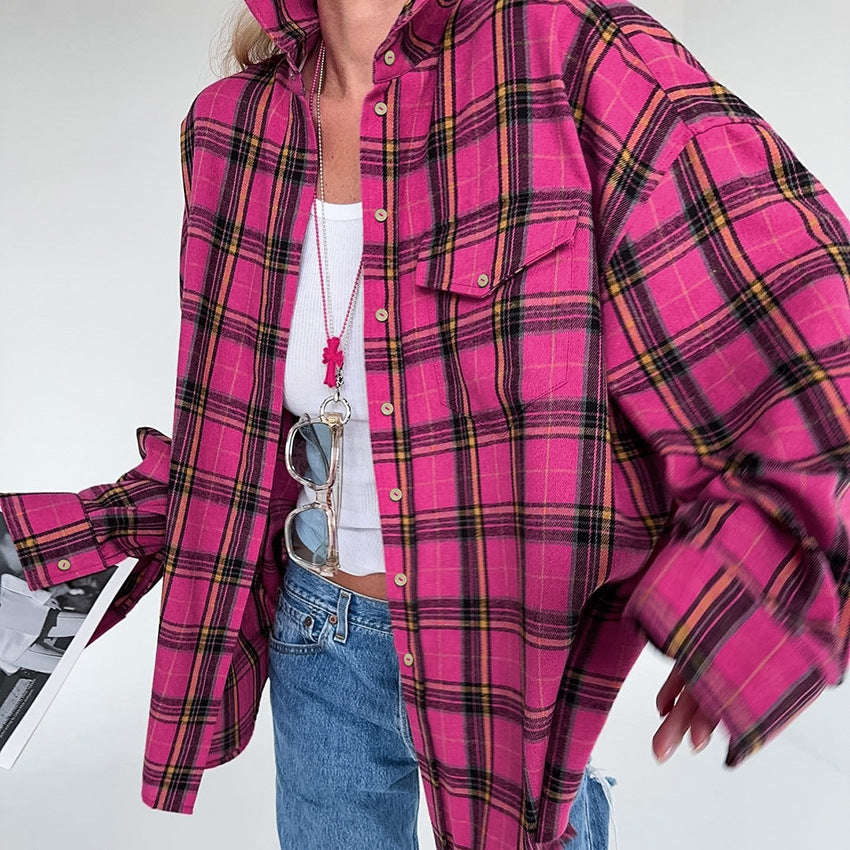 Rose Vintage Classic Plaid Long-Sleeved Lazy Shirt New Autumn Fashion Loose Woman