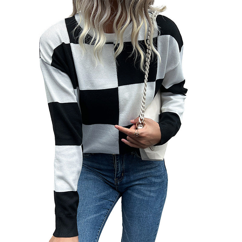 New Autumn And Winter Fashion Women's Long-Sleeved Black And White Checkerboard Sweater