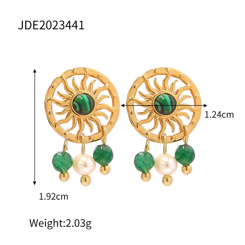 5pcs Vintage Stainless Steel Plated 18K Gold Inlaid Natural Stone Pendant Earrings For Women's Advanced Sense Does Not Fade