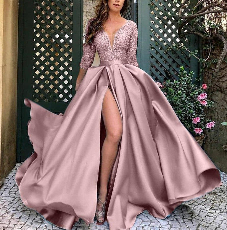 New Women's Lace Sequin Sexy Dress Train Dinner Gown