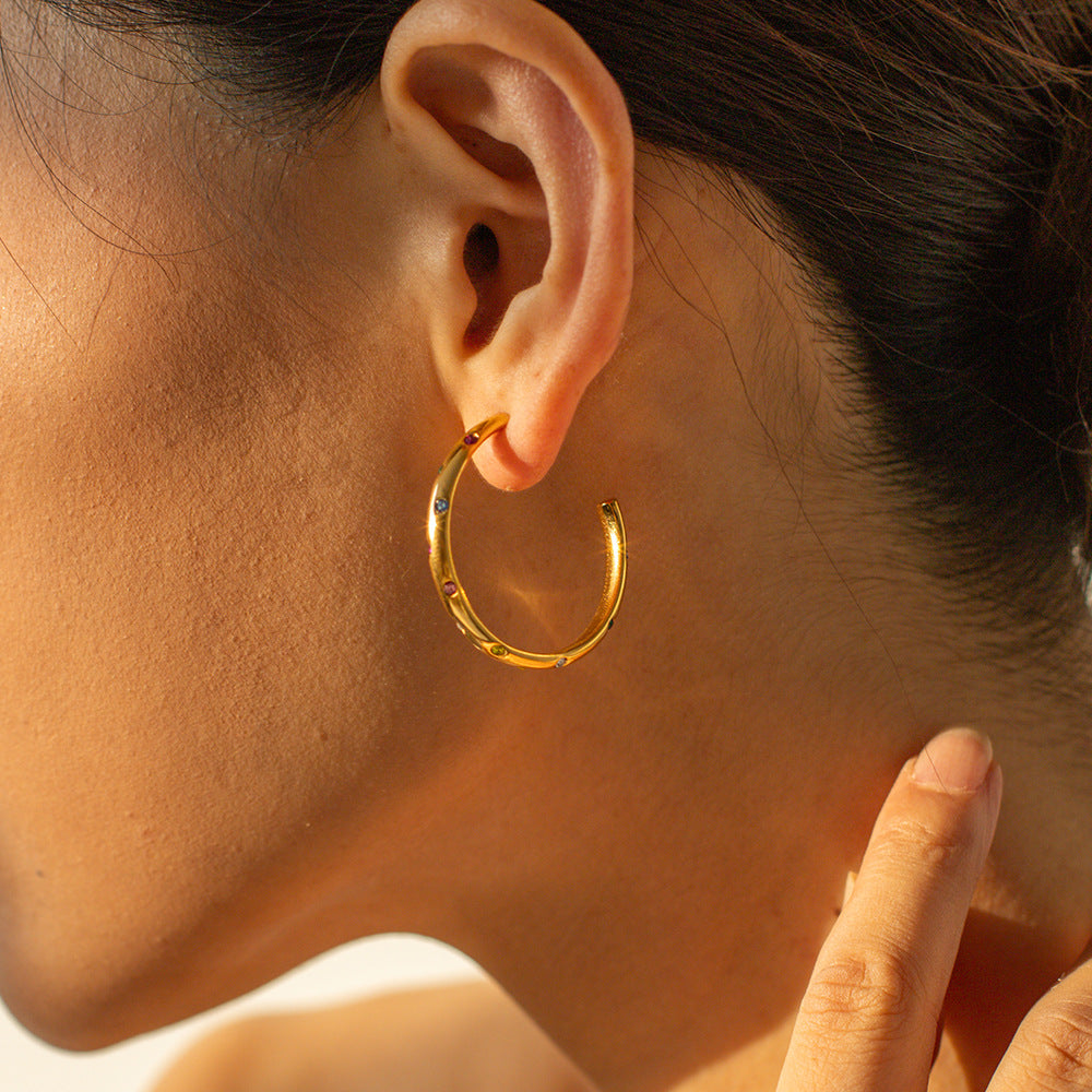 5pcs Vintage Style 18K Gold Stainless Steel Big C Inset Color Zircon Earrings White Zircon Earrings