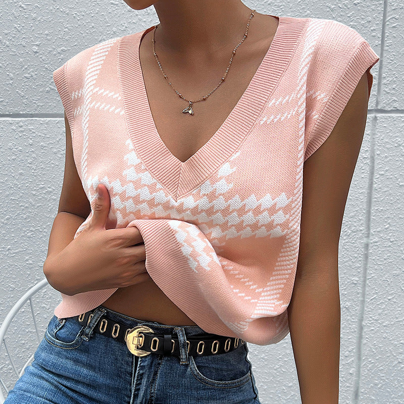 New Early Autumn Fashion Women's Sleeveless Jacquard Thousand Bird Sweater Vest Woman