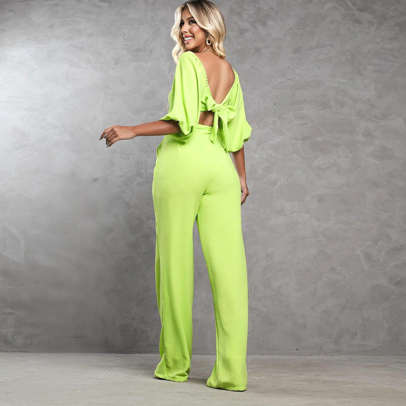 Sexy Fashion Casual Suit Solid Color Loose Spring Summer Lantern Sleeve New Trousers Two-Piece Set