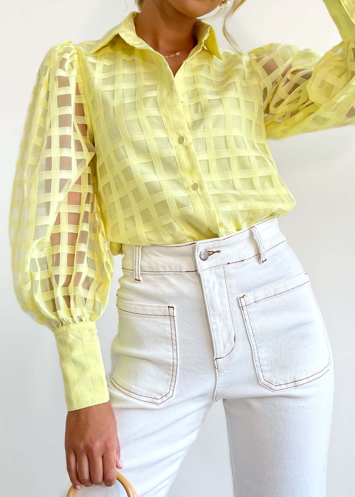 Autumn New American Women's Fashion Solid Color Transparent Lattice Advanced Sense Of Small Flying Sleeve Shirt Woman