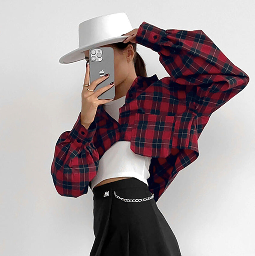 Retro Plaid Short Design Sense Long Sleeve Loose Shirt New Autumn Fashion Woman