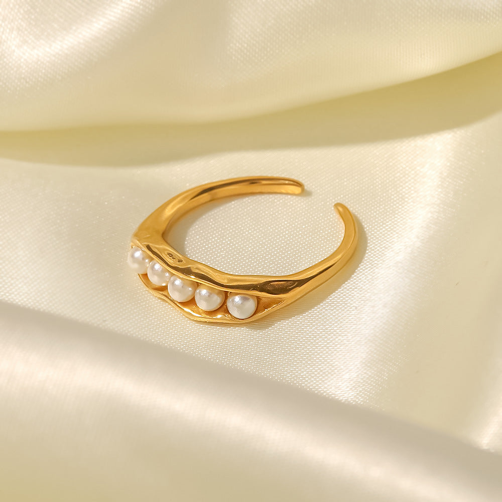 5pcs 18K Gold Plated Stainless Steel Pea Pod Design White Pearl Adjustable Ring For Women Accessories