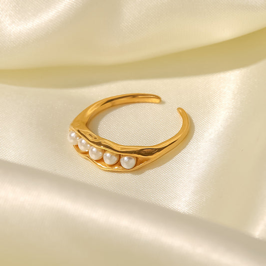 5pcs 18K Gold Plated Stainless Steel Pea Pod Design White Pearl Adjustable Ring For Women Accessories