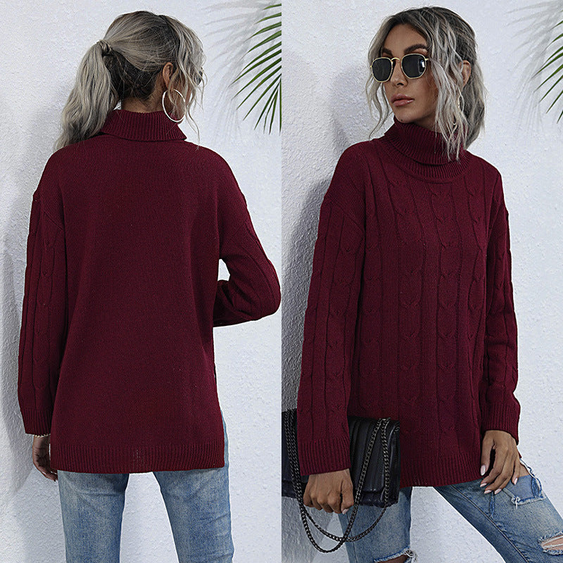Radiant Red Elegance: Women's Turtleneck Mid-Length Sweater for Autumn