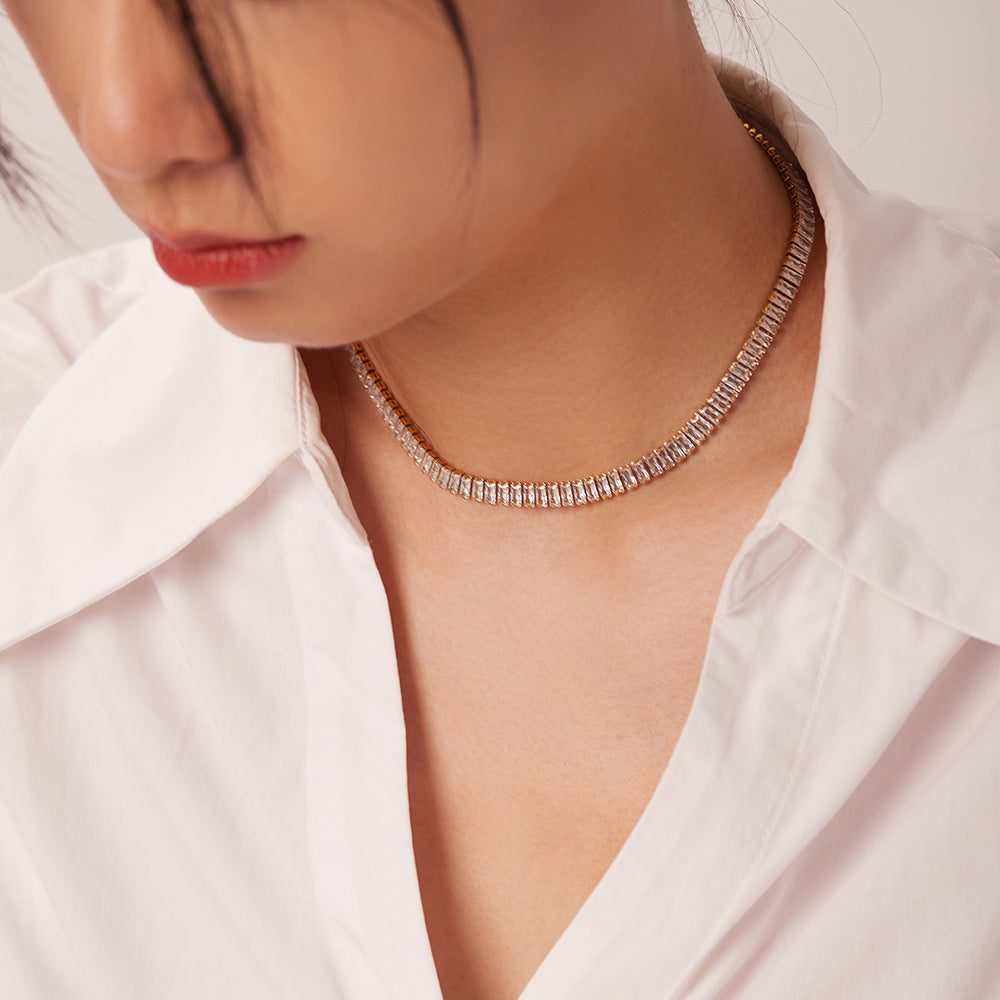 5pcs Necklace 6 Mm Wide Stainless Steel 18K Gold Plated Square Cubic Zircon Stainless Steel Necklace For Women