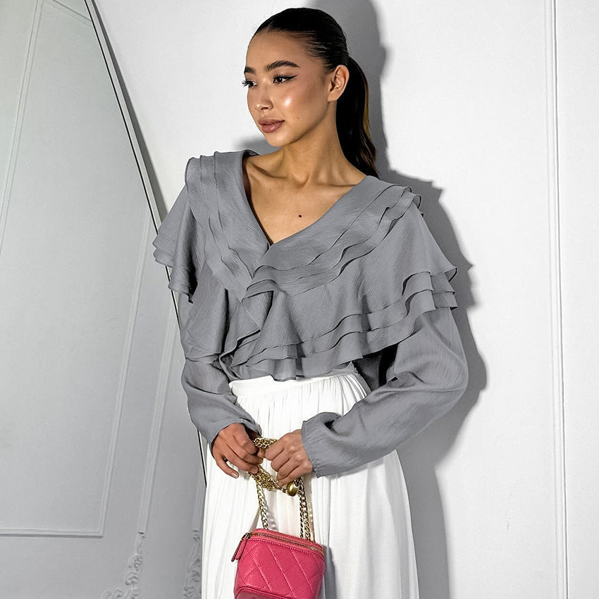 Sexy V-Neck Layered Ruffled Loose Gauze Women's Shirt New Spring Fashion Woman