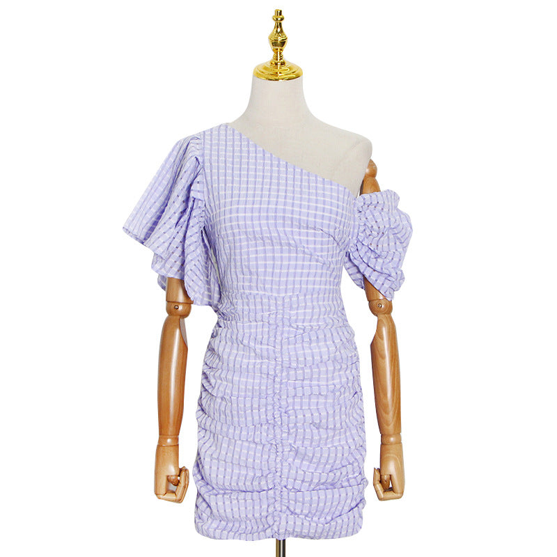 Spring New Fashion Plaid Fold Oblique Shoulder Slim Pencil Bag Hip Skirt Elastic Dress Women