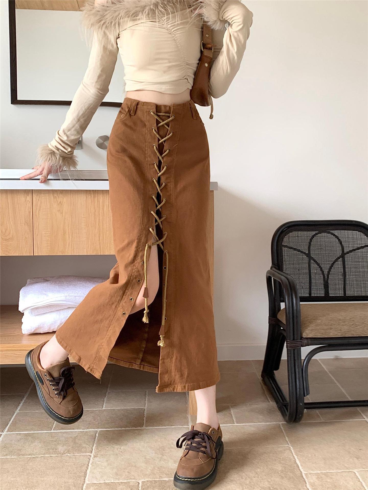 Big Size Fat Mm Retro Brown Denim Skirt Female Autumn New Spice Girl Strap Design Feeling Wrapped Hip Skirt