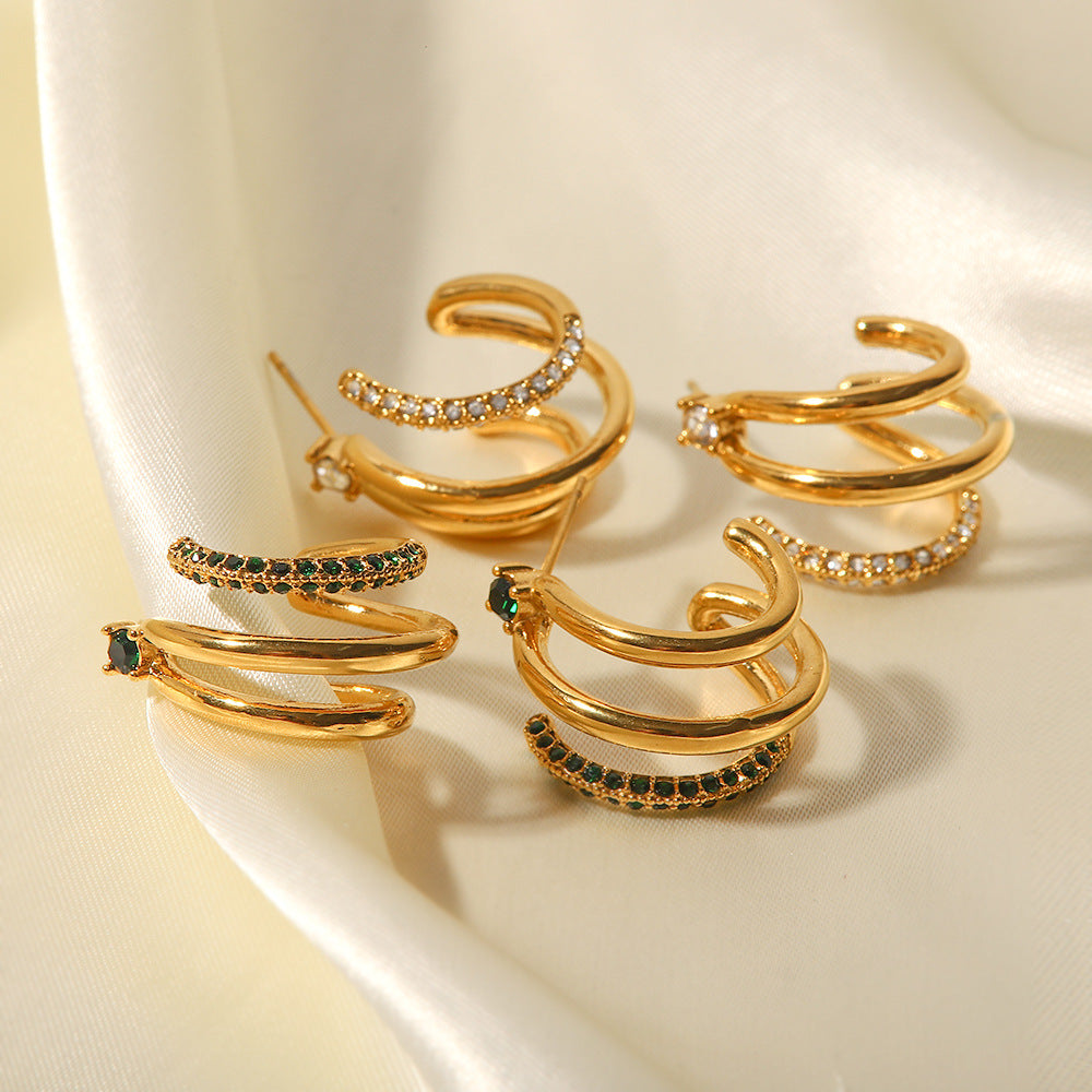 5pcs 18K Gold Plated Stainless Steel Triple Layer Green/White Cubic Zirconia Geometric Earrings