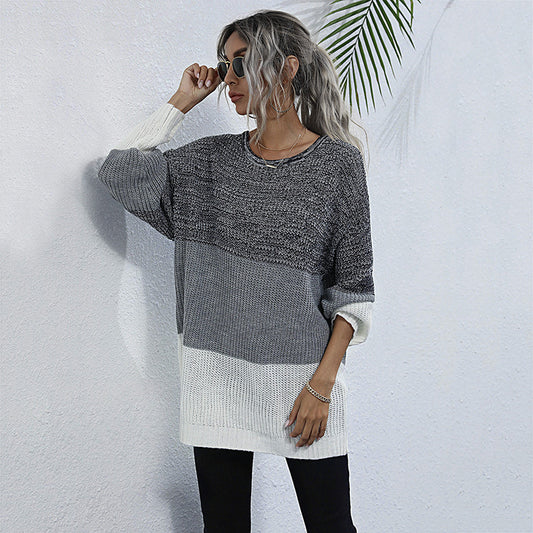 Women Fashion Crew-Neck Long Sleeve Color Knitting Sweater Female Autumn