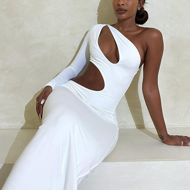 Hollow Out Irregular Tight Skirt Single Shoulder Long Sleeve Women's Skirt Skew Shoulder Sexy Dress Slim-Fit Bag Hip Skirt