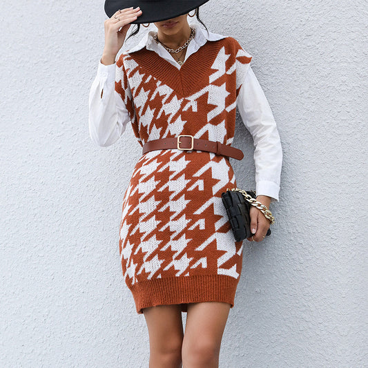 Fashion Women's Casual Long-Sleeved Thousand Bird Lattice Autumn And Winter Sweater Dress Wear