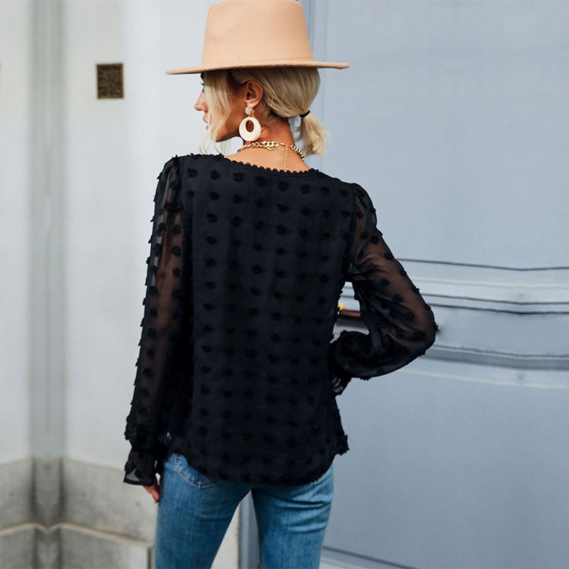 Early Autumn Fashion Shirt Thin Loose V-Neck Long-Sleeved Black Shirt