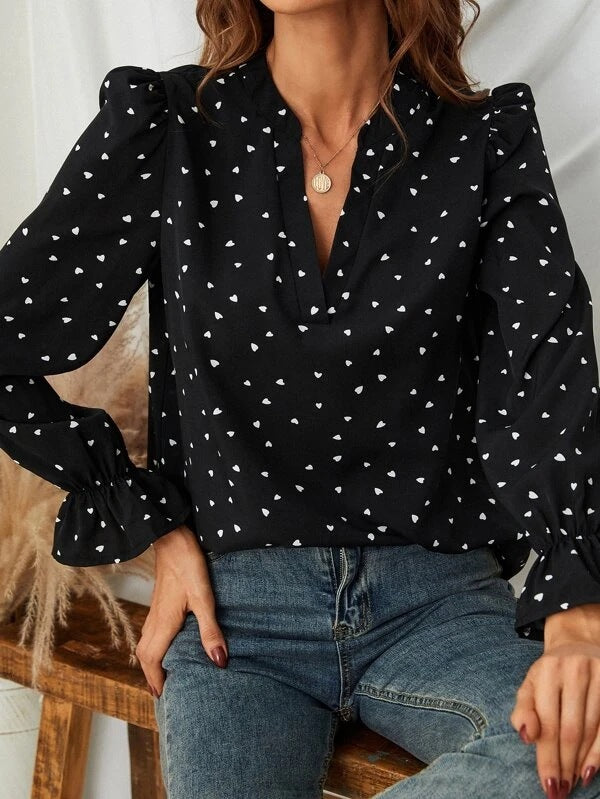 Spring And Autumn Love Printed Long Sleeve V-Neck Retro Flavor