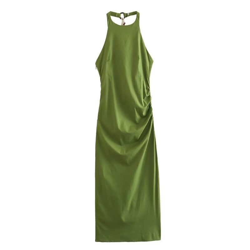 Wind Summer Women's New Green Fringe Decorated Linen Halter Dress
