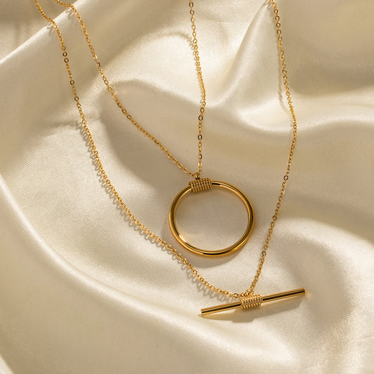 5pcs The New Fashion Stack Wear Stainless Steel Necklace 16K Gold Plated Double Circular Strip Stitching Necklace Jewelry