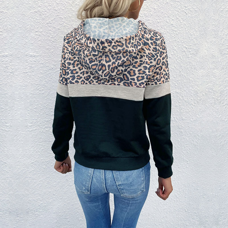 Autumn New Women's Clothing With Pocket Drawstring Hooded Splicing Leopard Print Hoodie