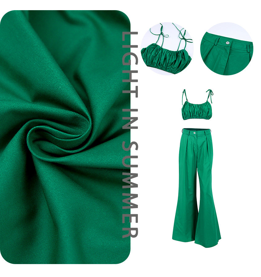 Spring And Summer New Women's Halter Vest Temperament Commuter Pants Loose Cotton Green Leisure Suit