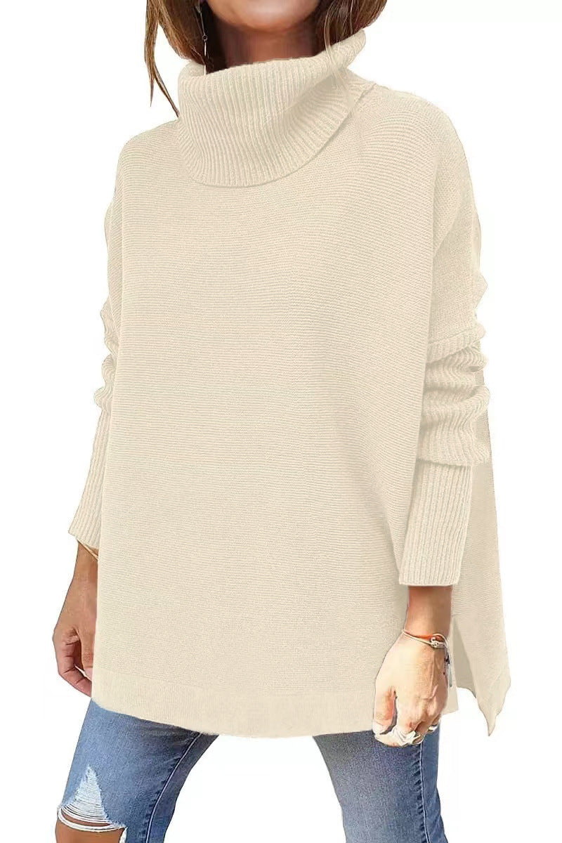 New Women's Turtleneck Oversized Sweater Mid-Length Batwing Sleeve Slit Hem Tunic Jumper