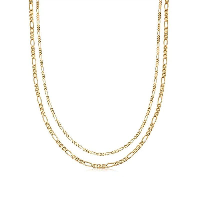 5pcs Figaro Gold Chain Necklace Jewelry Gold Plated 18K Plated Stainless Steel Two-Layer Choker For Women