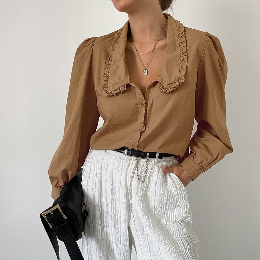 Brown Cotton Pleated Baggy Lapel Blouse New Fall Fashion Top