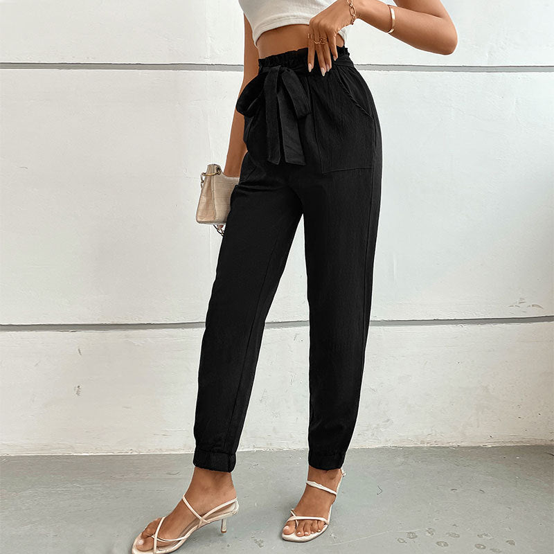 New Spring Summer High-Waist Lace-Up Pants Casual Pocket Pants Women
