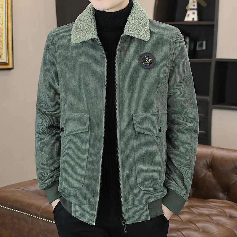 Corduroy Jacket Men's Winter Loose Baseball Uniform Lapel Clothing Plus Fleece Thickened Casual Cargo Jacket