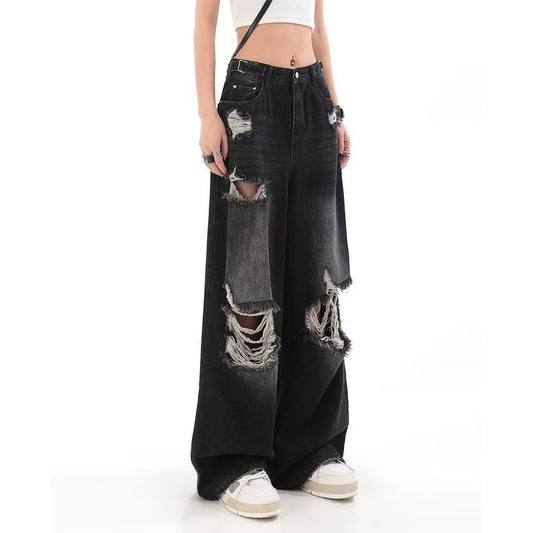 Black Ripped Jeans Female Hottie New Hip Hop Straight Floor-Length Wide-Leg Pants