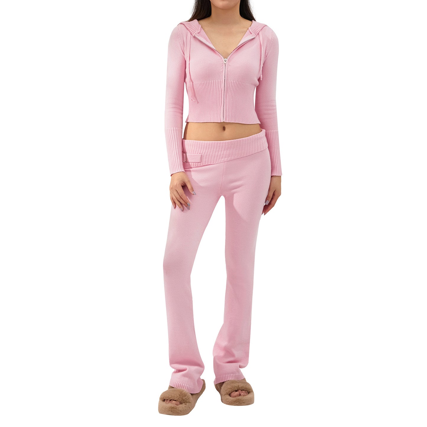 New Knitted Hooded Women's Fashion Sexy High-Waisted Long-Sleeved Trousers Two-Piece Set
