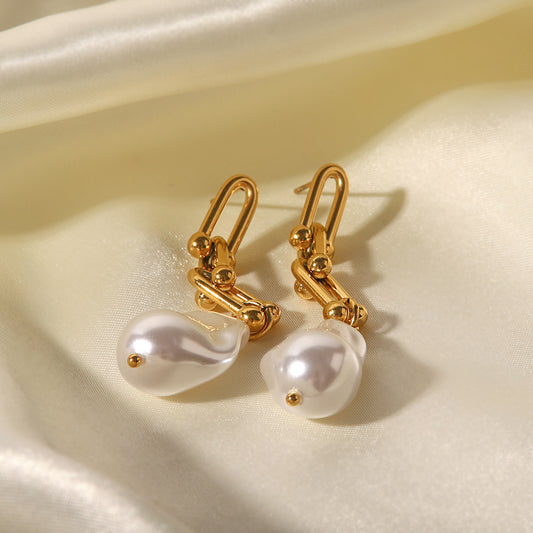 5pcs New 18K Gold Plated Stainless Steel Profiled Imitation Pearl Pendant Earrings Anti-Allergy Temperament Chain Earrings