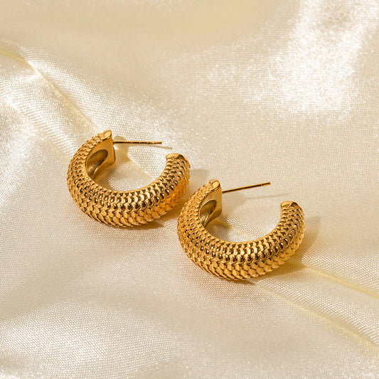 5pcs 18K Real Gold Stainless Steel Thick Cylindrical Fish Scale Shaped C Earrings Do Not Fade Color Jewelry