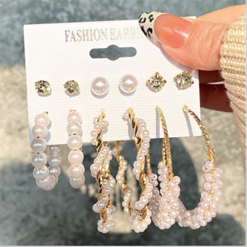 5 Sets New Pearl Earrings Set for Women Retro Metal Geometric C-Shaped 5 pairs Earrings