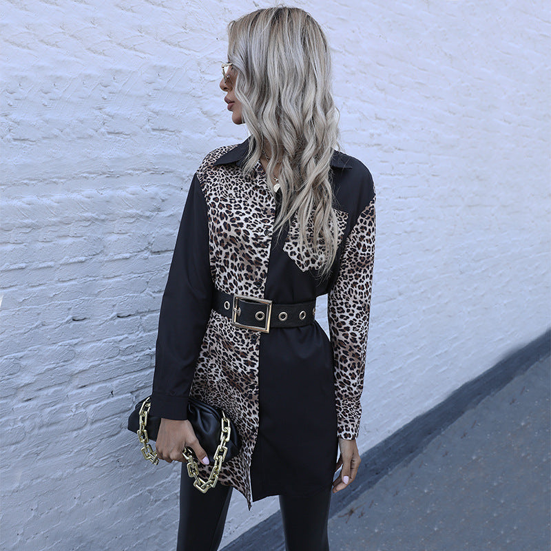 Women's Long-Sleeved Slim-Fit Waist Lapel Long Leopard Print Patchwork Shirt